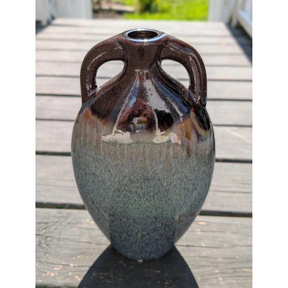 Vintage Ceramic Vase Medium Blue Brown Excellent Drip Glaze Amphora Decor